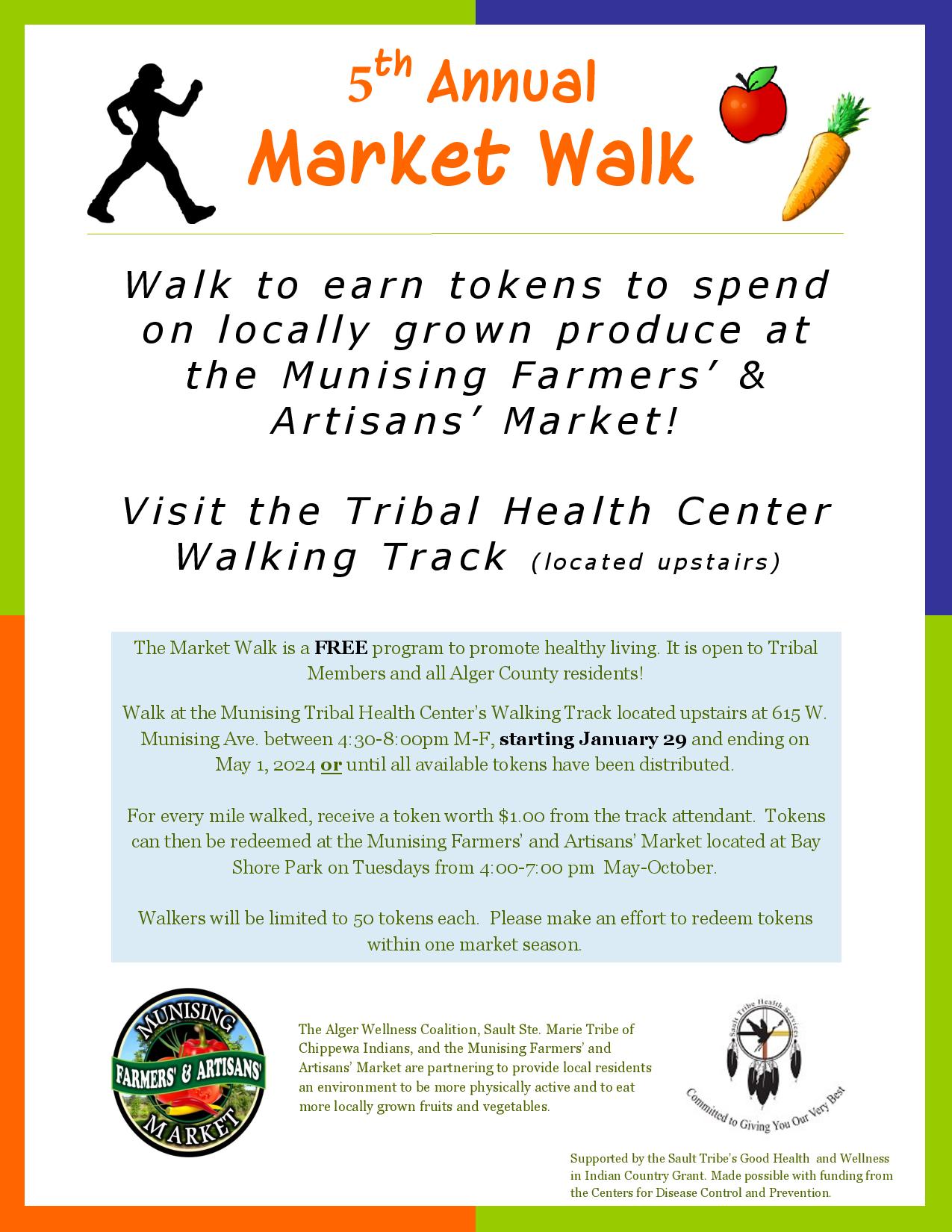 Flyer for the 5th Annual Market Walk promoting a program to earn tokens for produce through walking.